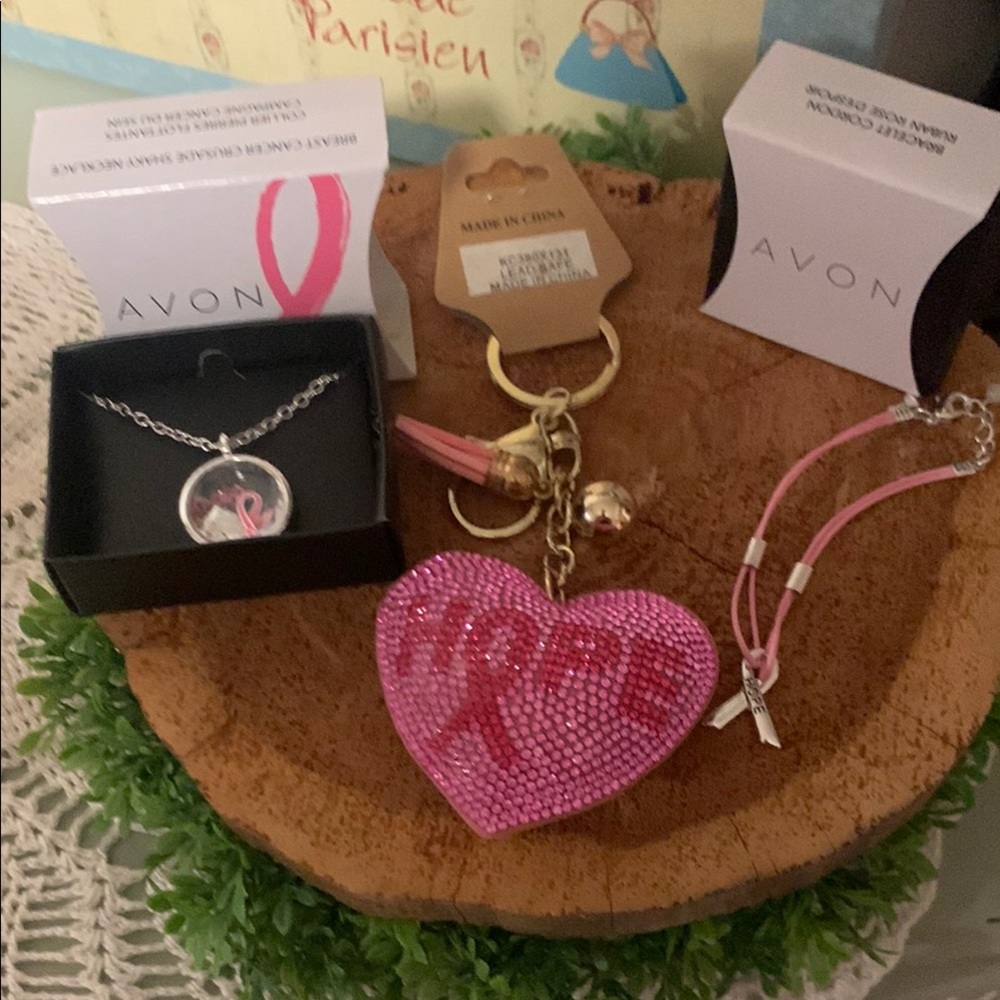 Avon Pink Heart and Ribbon Jewelry Set